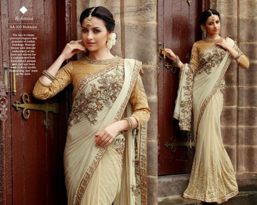 Mercury Enterprises Ladies Bridal Saree, Color : Cream