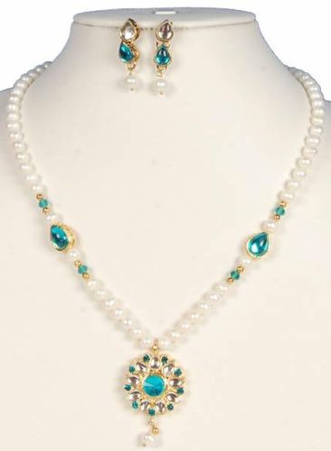 Freshwater Pearl Round White Blue Kundan Necklace Earring Set