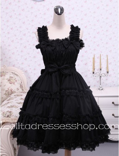 Sleeveless Elastic Straps Bow Lacing Hem Classic Lolita Dress