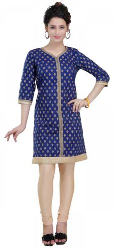 Bright-As-Blue Fashionably Printed Cotton Kurta For Women