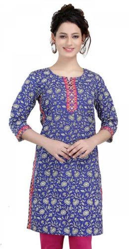 Crazy For Cotton Blue Short Tunic With Print Design