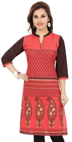 Red Bliss Cotton Short Tunic Dress With Printed Design