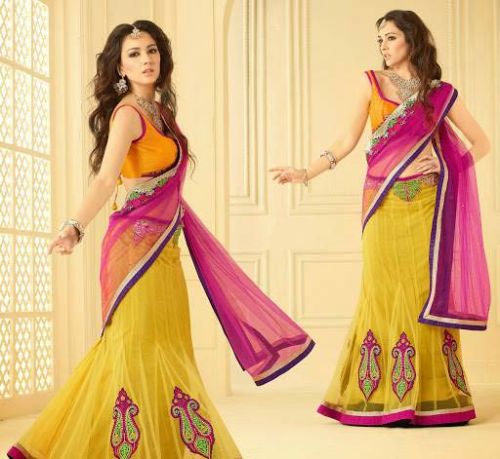 Lemon Yellow Lehenga Saree, Pink Lehenga Saree