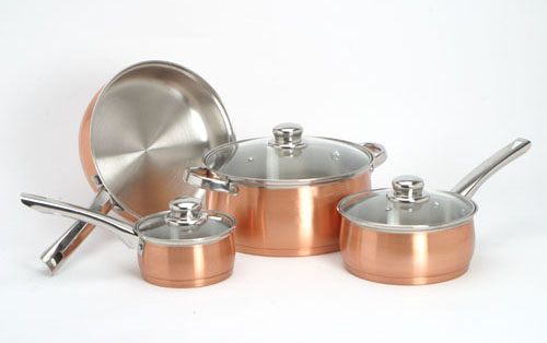Full Copper Body Belly Cookware Set With Steel Handle & Glass Lid
