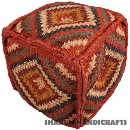 Printed Wool Jute Kilim Poufs, Shape : Square