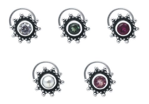 Designer Multi CZ Gemstone 925 Sterling Silver Pack Of 5 Nose Pin