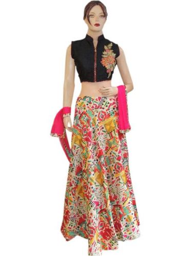 Ethnic Indian Silk Black Top With Silk Printed Lehenga