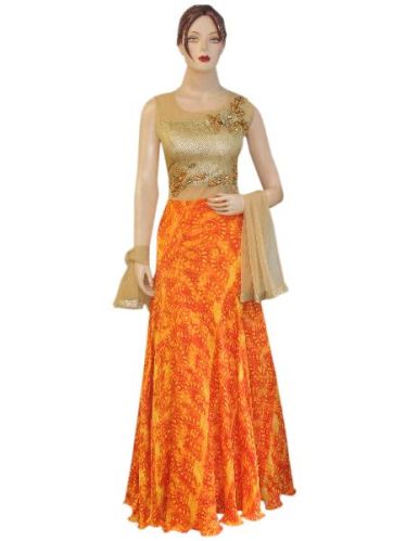 Exclusive Satin Crape Orange Gold Long Length Floor Anarkali Suit