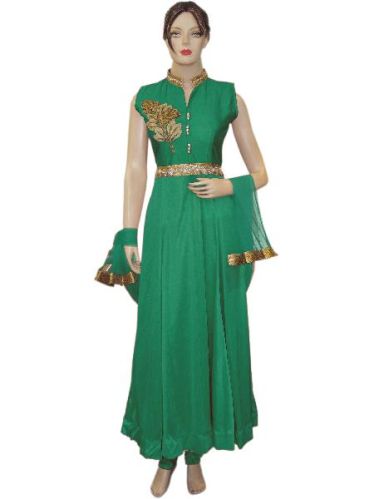 Fancy Exclusive Lycra Satan Green Long Length Floor Anarkali Suit