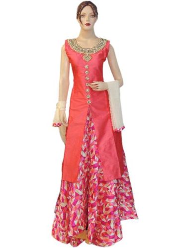 Silk Pink Long Jacket Style Suit With Silk Printed Lehenga