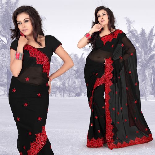 Atrous Black Faux Georgette Saree With Unstitched Blouse