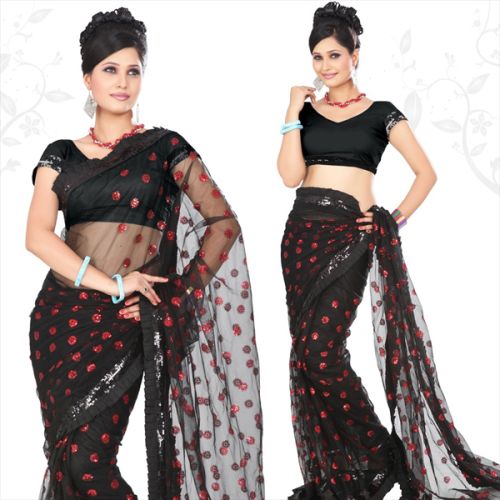 Black Net Saree With Unstitched Blouse