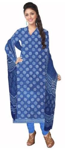 Kcsk130 - Dabu Printed Salwar Kameez / Cotton Churidar Materials With Chiffon Dupatta - Blue