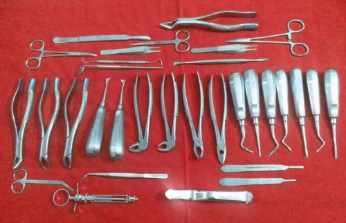 34 Pcs ORAL DENTAL EXTRACTION SURGERY EXTRACTING ELEVATORS FORCEPS INS