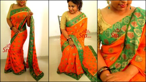 Georgette Elegant Bright Designer Saree, Color : Orange