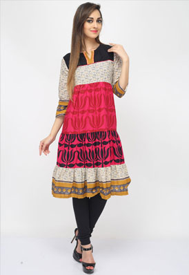 Pink Off White Color Cotton Designer Kurtis