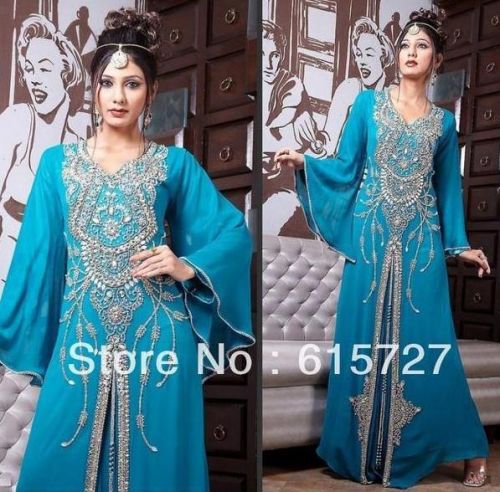 Light Sky Blue Color Long Sleeve Evening Dress