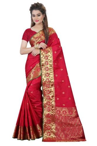 DECENT PURE SILK GOLDEN WORK SAREE, Color : Red