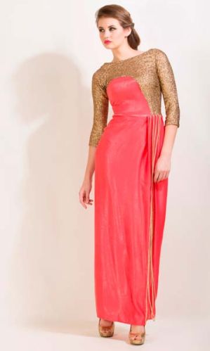 CHIARO PURE SILK SEQUINS CORAL GOLD EVENING DRESS, Size : XS, M, XL, XXL