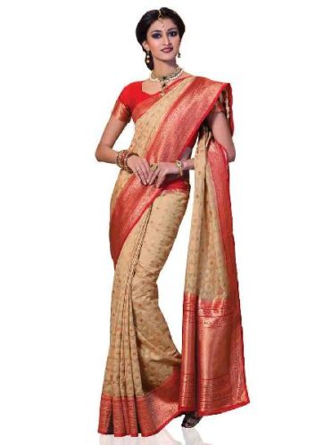 Beige and Red Colour Traditional Kanchipuram Spun Silk Woven Saree