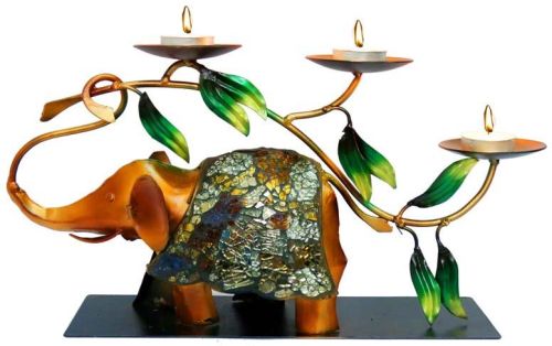 INDIKALA Glazed Elephant Tea Light Holder With Mosaic Work