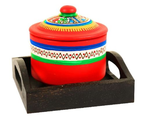 Indikala Wood Terracota Pickle Jar With Tray