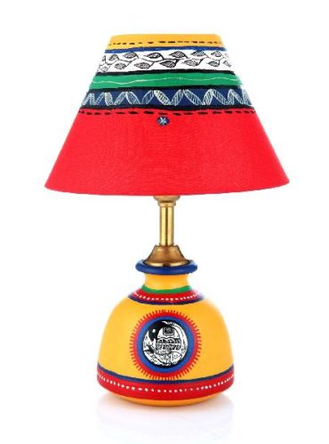 Terracotta Yellow Lamp With Red Shade, Size : LAMP(H*DIA)=(7.9*2.6)INCH