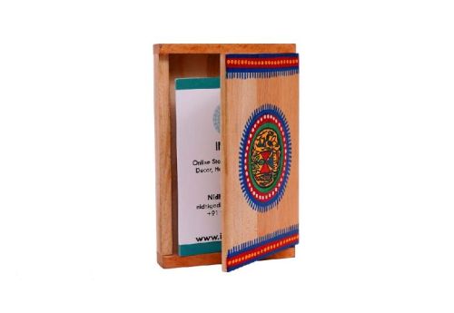 Wooden Warli Painted Visiting Card Holder, Color : Light Brown