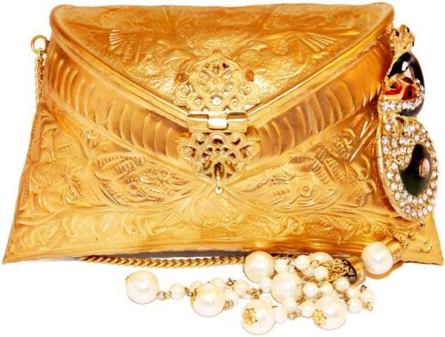 Embossed Gold Clutch Bag With Peacock Pearl Drop Tassel