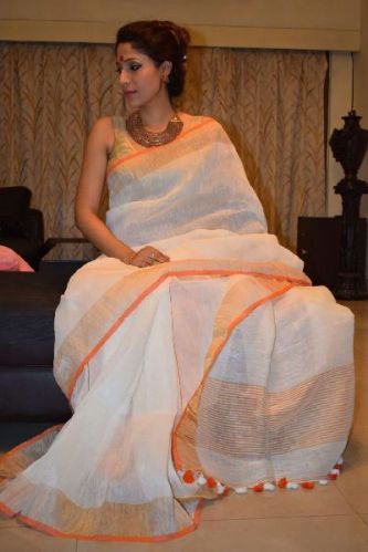 Handloom Pure Jari Linen Saree, Size : 6.3