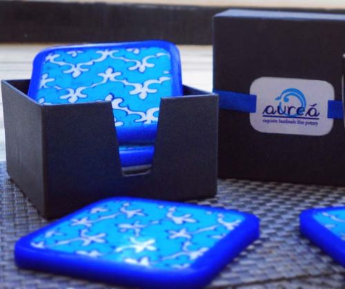 Blue Pottery Coaster Set, Size : 4 X 4 INCHES