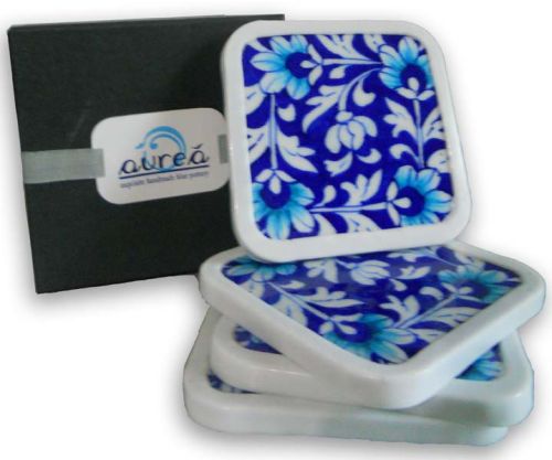 Blue Pottery Coaster Set, Size : 4 X 4 INCHES