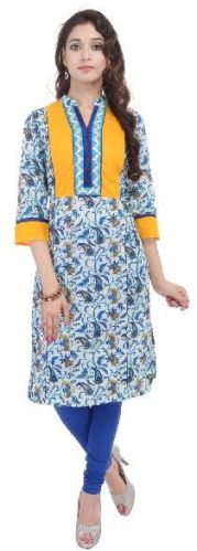 Blue Printed Cotton Kurtis, Size : M, XL