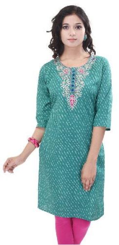 Turquoise Printed Cotton Kurtis, Size : M, L, XL