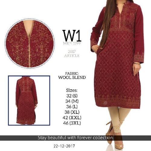 W1 Ladies Woollen Kurtis, Size : 32 (S), 34 (M), 36 (L), 38 (XL), 42 (XXL), 46 (3XL)