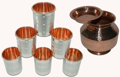 Raghav India 100% Genuine Copper Matka With Copper Cover + 6 Copper St